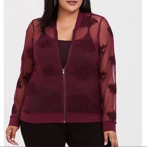 Burgundy Torrid Embroidered Mesh Bomber Jacket